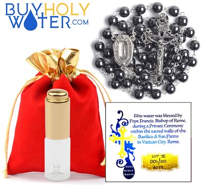 Holy Water 20ml Dropper Vial & Blessed Holy Water Hematite Rosary Crucifix c