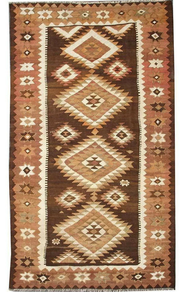 Alfombra Kilim de lana anudada a mano vintage 4x9 alfombras de área geométrica turca 4'7' x 9'6" Foto 2 de 4