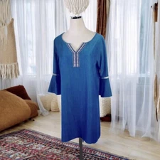 Naif Anthropologie Boho Chambray Dress Size Medium Flutter Bell Sleeve V-Neck