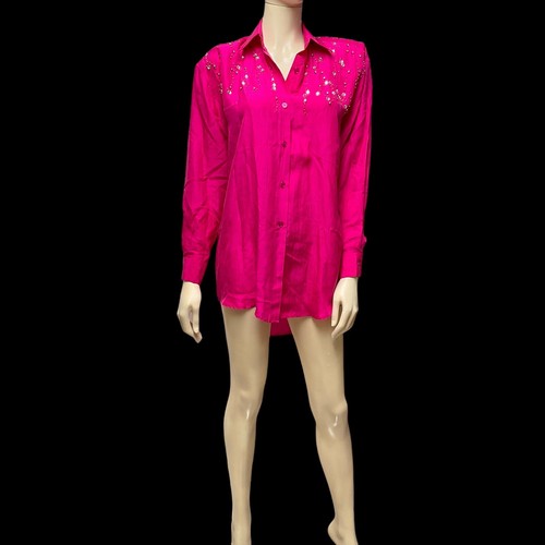 80s Silk Blouse Hot Pink Adam Douglass Rhinestone Embellished Top Shirt Fuchsia - Picture 4 of 11