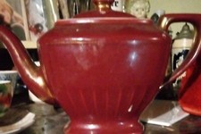 Vintage Hall 0113 Porcelain Teapot Made In USA Burgundy Hand Painted Gold Accent