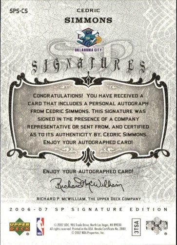 B4023- 2006-07 SP Signature Edition Signatures #CS Cedric Simmons Auto - NM-MT - Picture 2 of 2