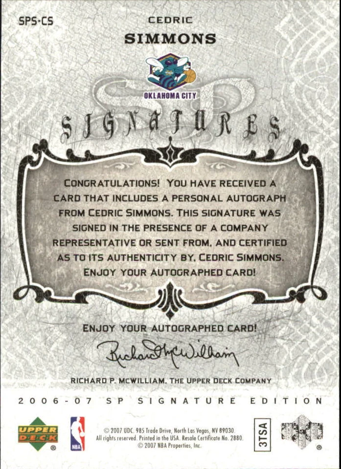 B4023- 2006-07 SP Signature Edition Signatures #CS Cedric Simmons Auto - NM-MT - Image 2 of 2