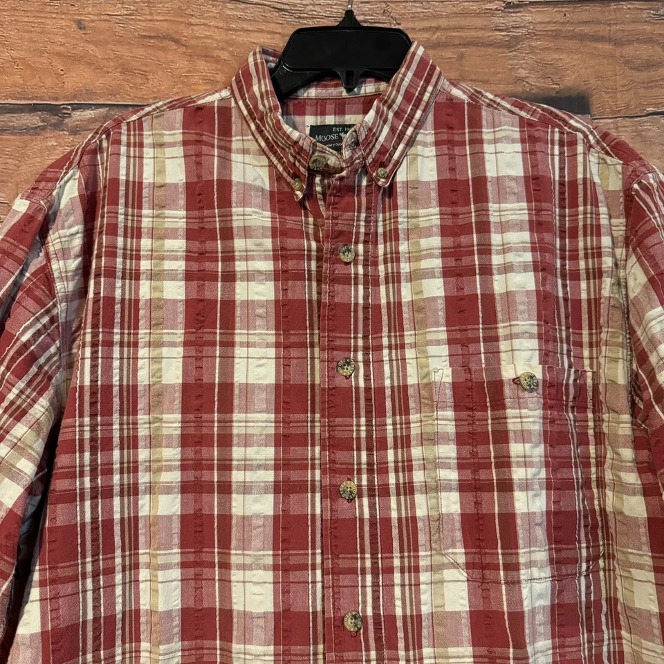 Рубашка мужская Moose Creek большая? Красная клетка Seersucker на пуговицах короткий рукав - Изображение 2 из 4