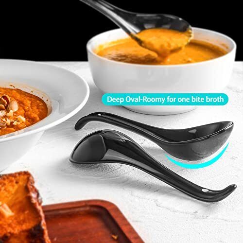 Asian Soup Spoon Set Of 6 6.75 Inch Ultrafine Ceramic Chinese Soup Spoons Black - Picture 3 of 7