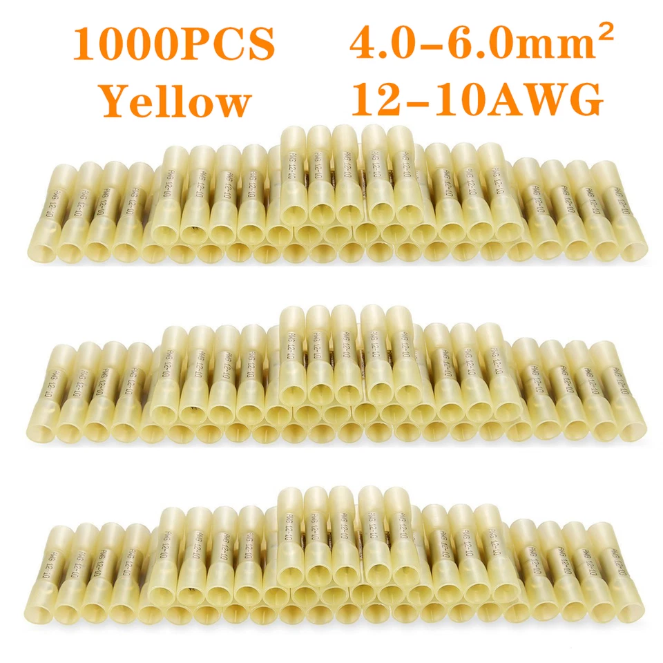 1000Pcs Yellow Heat Shrink Butt Wire Connectors Crimp Terminals AWG 12-10 Gauge - Image 2 of 4