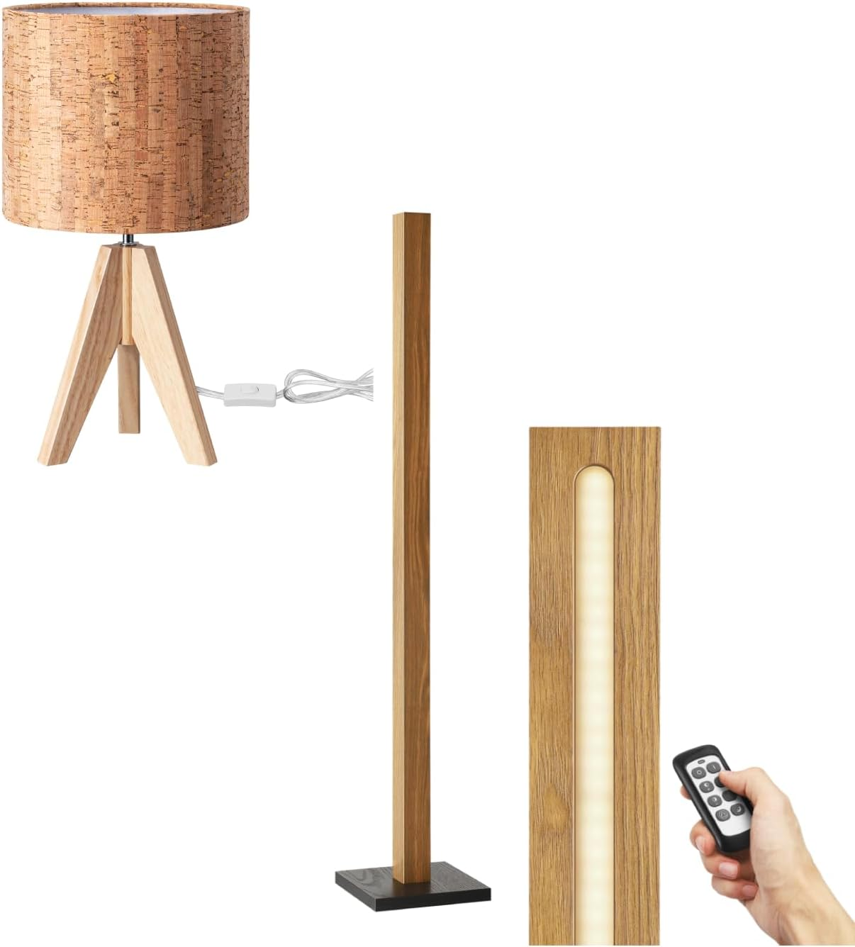 Table Lamp, Dimmable LED Floor Lamp with Remote Combo, Natural Wood
