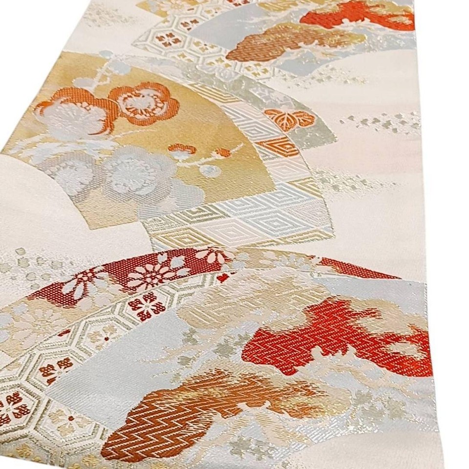 Flower Fukuro Obi Flower Tortoise Shell Fan Cream Beige | eBay UK