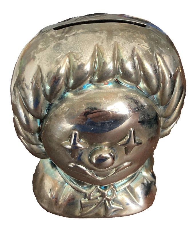 clown Head Bust  silver plate ??? coin still piggy slot bank with rubber stopper