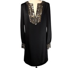 Tory Burch Barbara Women’s Black Beaded Satin Shift V-Neck Tunic Dress Size 6