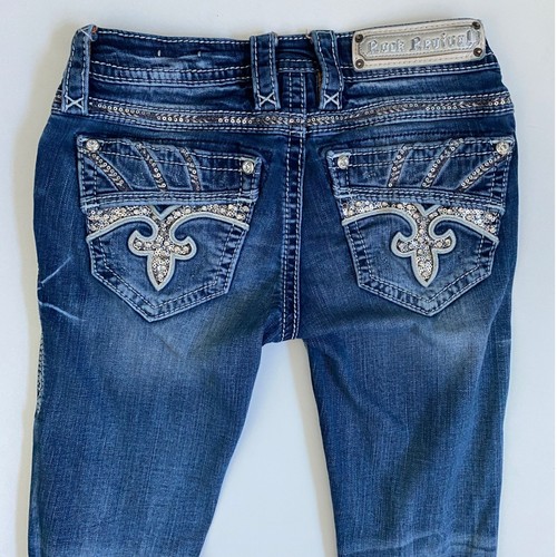 Rock Revival Darcey Crop Jeans Womens 25 Dark Wash Distressed Sequin Rhinestone - Picture 6 of 9