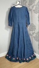 Rixo Kristen Blue Chambray Denim Tulip Embroidered Maxi Dress Size Small UK 6