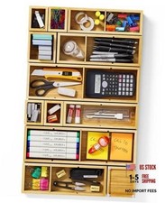 12-Piece Bamboo Desk Drawer Organizer Set   Adjustable Storage 24 Compartments