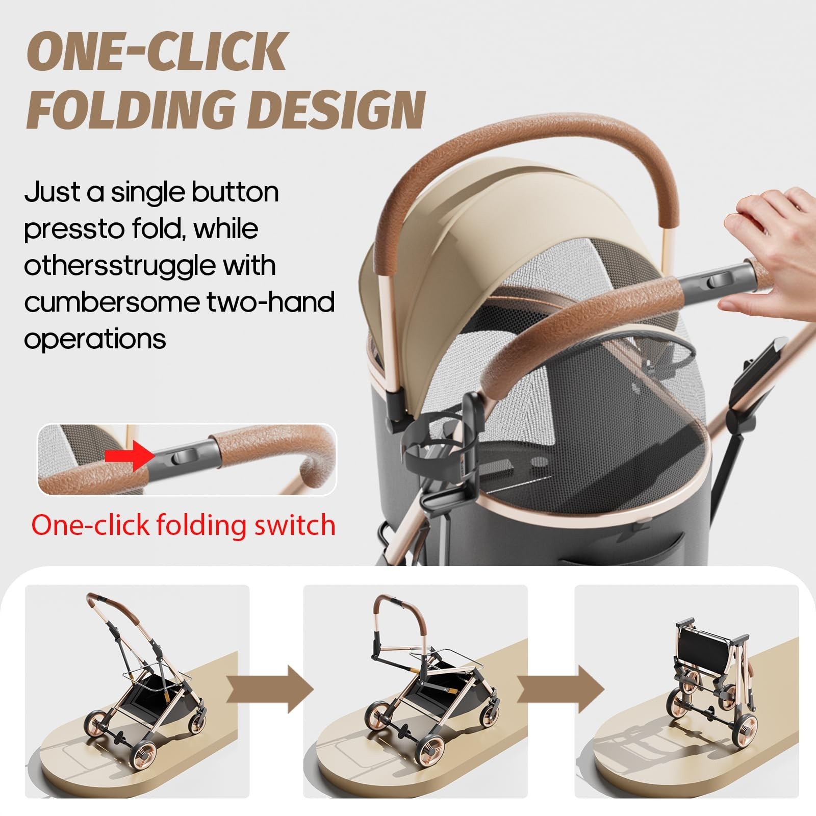 Pet Stroller with 4 Wheels, Dog Stroller with Detachable Carrier, One-Click F...