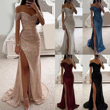 Women Prom Long Dress Sequin Off Shoulder Pure Color Sexy Party Dress Fasion N