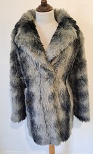 NEXT  - Black & Grey Faux Fur Mink Style Mid-Length Fastening Coat - Size 12