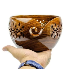 Rosewood Crafted Wooden Yarn Storage Bowl With Carved Holes & Drills | Knitti...