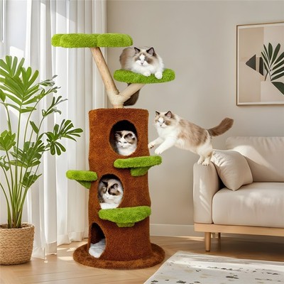 58 in Tall Wooden Cat Tree Tower Condo for Large Cats Activity with Steps &Posts