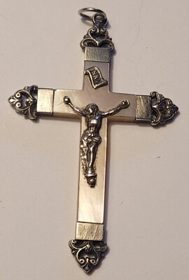 GRAND PENDENTIF CROIX Pectorale Crucifix Christ ancien en étain