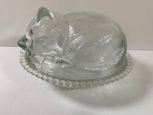 Indiana Glass Sleeping Cat Candy Trinket Dish Curled Up Covered Bowl 7 Inch