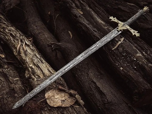 Caballeros de acero Damasco forjado a mano / Excalibur / Espada corona con funda de cuero - Imagen 2 de 6
