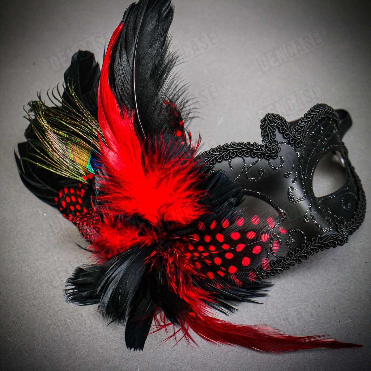 ベネチアンマスク66OndaBrillantinaSilverRed Venetian Red Silver Phantom Half Face & Glitter RED Feather