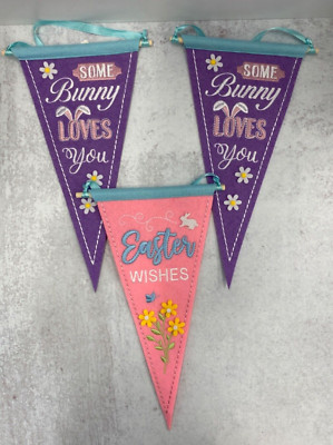 lot of 3 Easter  Felt Pennants party Decor egg hunt Easter wishes / Bunny love