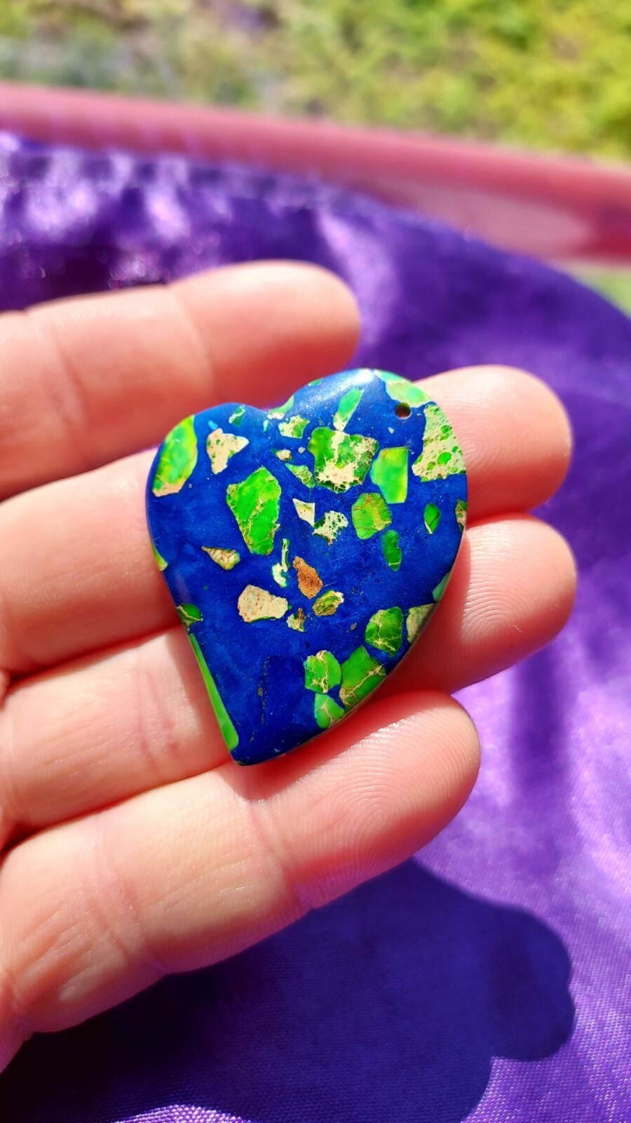 Pendentif coeur jaspe véritable bleu vert beige 4.1 cm N° 3035