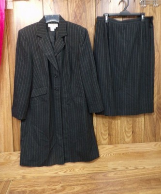Dress Barn Suit Skirt Set 2 Pc Long Jacket Gray Stripe Work