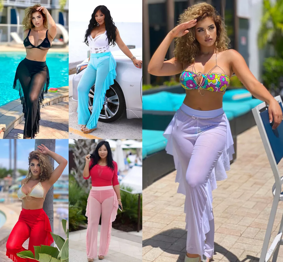 Sexy Women Beach Mesh Ruffles Sheer Wide Leg Pants Bikini Cover Up Swimwear