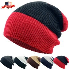 Slouch Beanie Winter Skull Cap Striped Ribbed Baggy Fit Ski Hat
