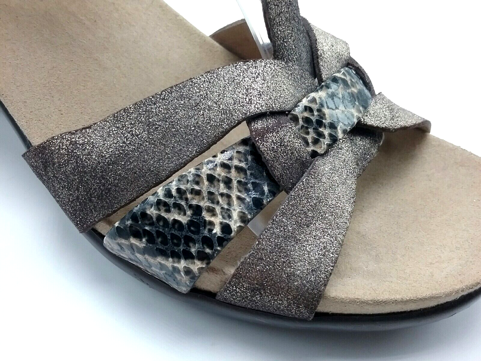 APL Sandalo donna Umberto Raffini 8 bronzo scintillante animale cinturino a T pelle tacco medio