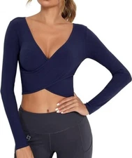 FITTIN Long Sleeve Workout Crop Tops Women Deep V Neck Athletic Cross Size XL