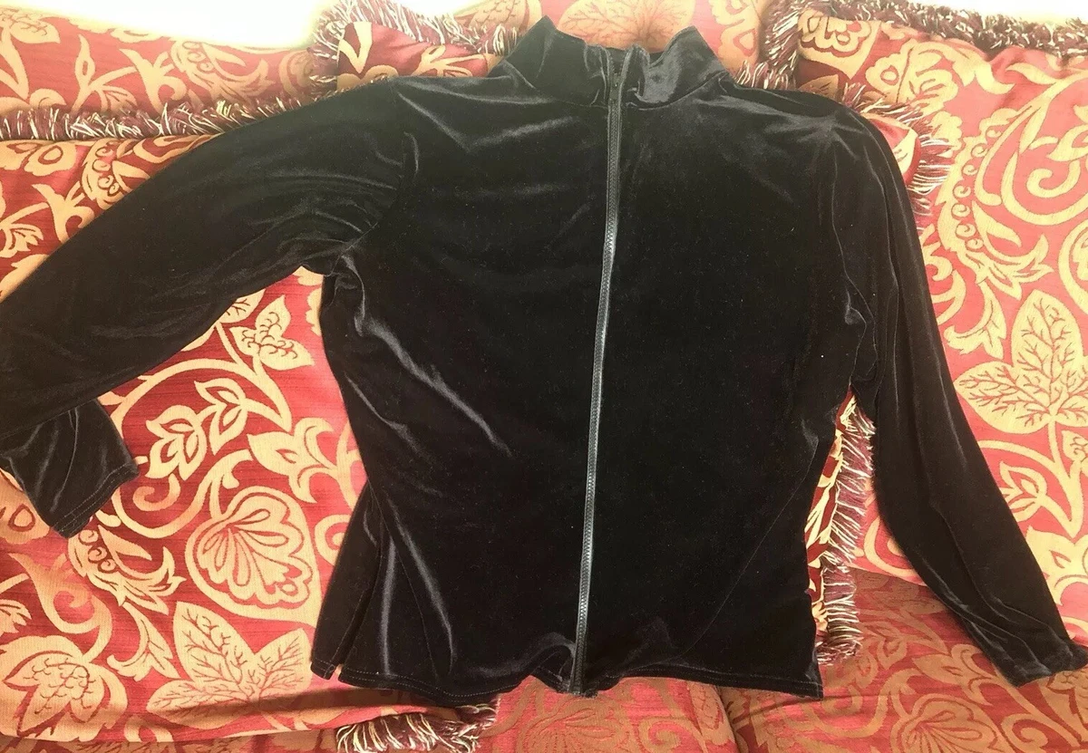 *NICE! Med Vintage Black Velour Zip Up Jacket Shirt Activewear Or Work Casual