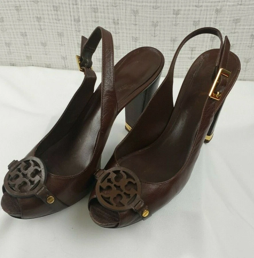 TORY BURCH ZAPATOS DE TACÓN PEEP BACK CON PUNTA ABIERTA MARRÓN DORADO TALLA 8 1/2M Foto 3 de 4