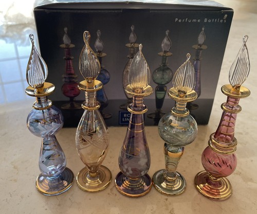 Vintage Royal Limited Blown Glass Perfume Bottles Egyptian Etched Set of 5 NOS - Picture 3 of 8