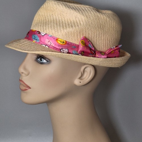 Hello Kitty Fedora Straw Hat for Kids Size OSFM Pink Silky Band Bow Weather HTF - Picture 2 of 9