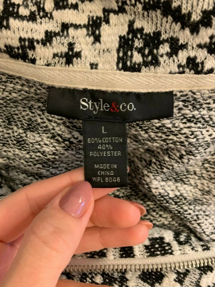 Style & Co 女式夹克拉链前饰黑色/白色 L 码大号 — 第 4/4 张图片