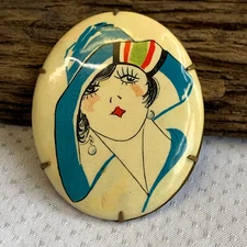 Vtg Art Deco 20s-30s Celluloid Brooch Fashion Jewelry Flapper Illustrated Woman