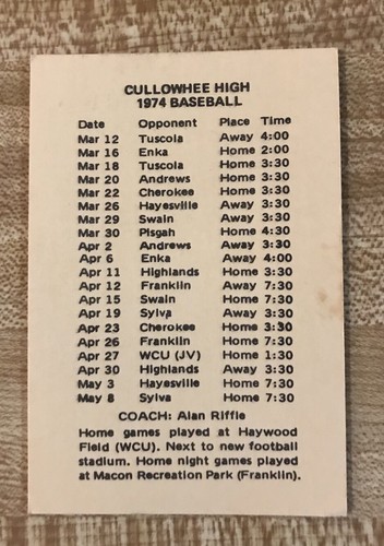 Programma baseball scuola superiore Cullowhee 1974 Carolina del Nord - Foto 2 di 3