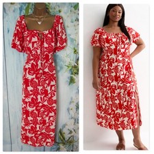 New Look Curves Pineapple Print Sweetheart Midi Dress Size 24 Red Ivory Summer