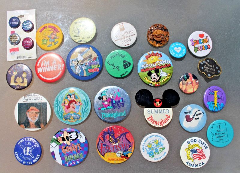 Lot of Buttons and Pins. Dinseyland Ariel's Grotto, Fantasia, Goofy's Kitchen +