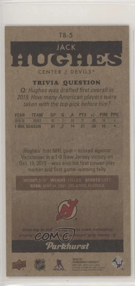 2020-21 Upper Deck Parkhurst Tallboys Tier 1 Jack Hughes #TB-5 - Image 2 of 2