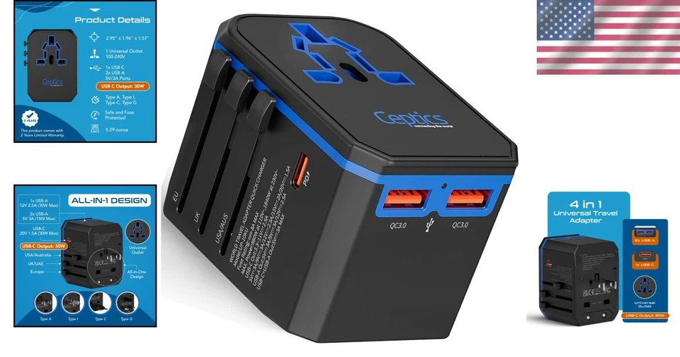 Adaptador Internacional 4 en 1 - Incluye Puertos PD 30W USB-C y Doble USB-A Foto 2 de 4