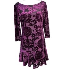 VINCE CAMUTO Womens 8 Purple Floral Velvet Burnout Long Sleeve A-line Midi Dress