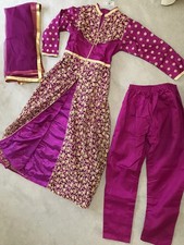 Traditional Indian-style Outfit 3-Piece Purple/Maroon Silk With Gold Embroidery