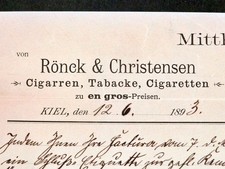 KIEL 1893, Rechnung RÖNCK & CHRISTENSEN Zigarren, Tabak, Zigaretten