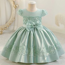 Flower Girl Dress Kid Communion Party Pageant Beading Puff Sleeve Satin Gown