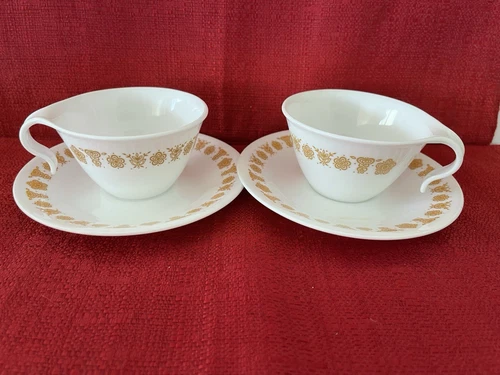 CORELLE GOLD BUTTERFLY Vintage 2 Cups Hook Handles & 2 Saucers EUC