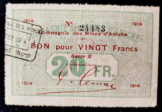 MINES D'ANICHE ( NORD 59 ) 20 Frs 1914 Pirot 59/75 TRES TRES RARE (R3)